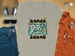 Grey t-shirt with "Gamer Squad" and a pixelated controller graphic.