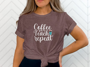 Brown t-shirt with "Coffee Teach repeat" and a coffee cup graphic.