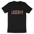 Black t-shirt with "LIBERTY" text in patriotic American flag design.