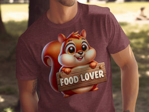 Cartoon squirrel holding wooden sign with "FOOD LOVER" text.