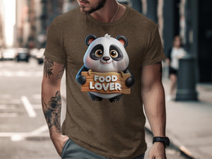 Brown t-shirt on man with cartoon panda holding a sign that says "FOOD LOVER."
