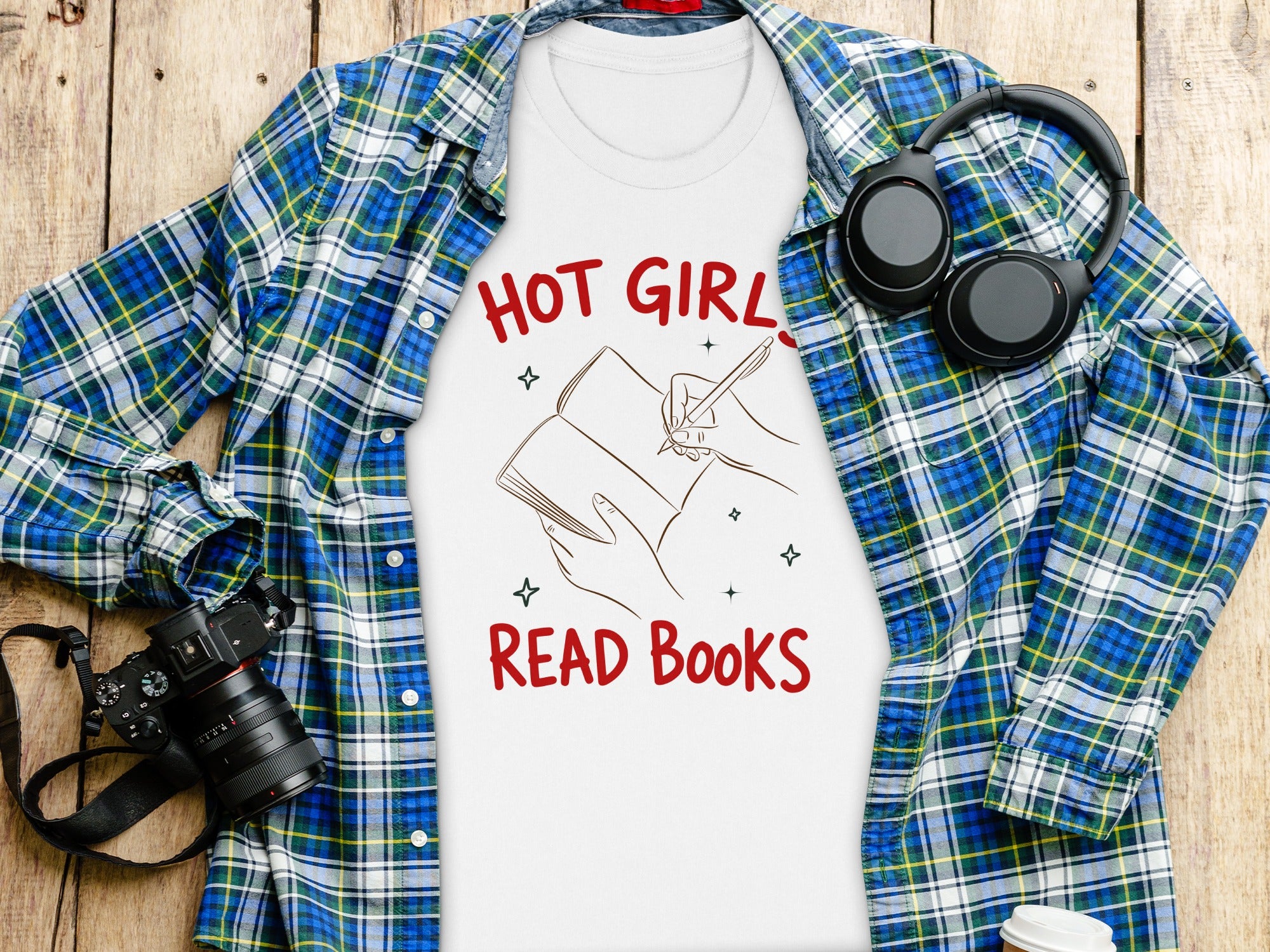 White t-shirt with "Hot Girl Read Books" text and book illustration.