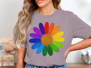 Gray t-shirt with a colorful painted daisy graphic featuring a gold center.