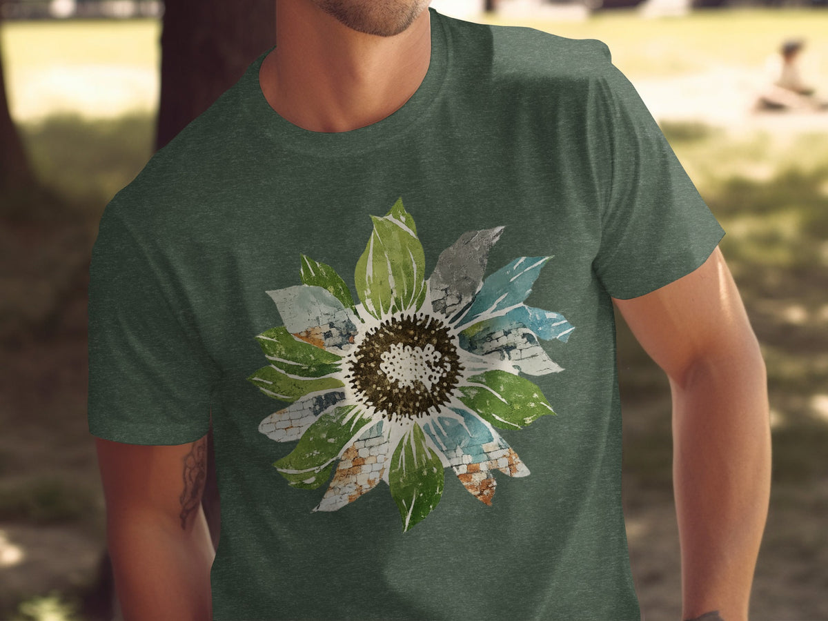 Green t-shirt with a distressed sunflower graphic featuring brick textures.