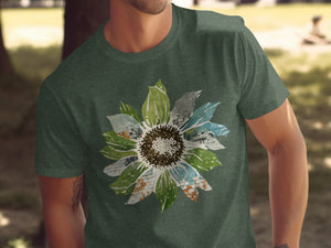Green t-shirt with a distressed sunflower graphic featuring brick textures.