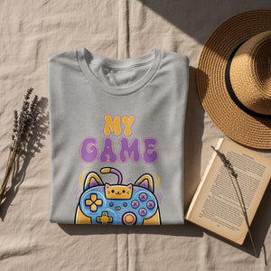 Grey t-shirt with a cat-shaped video game controller graphic and "MY GAME" text.