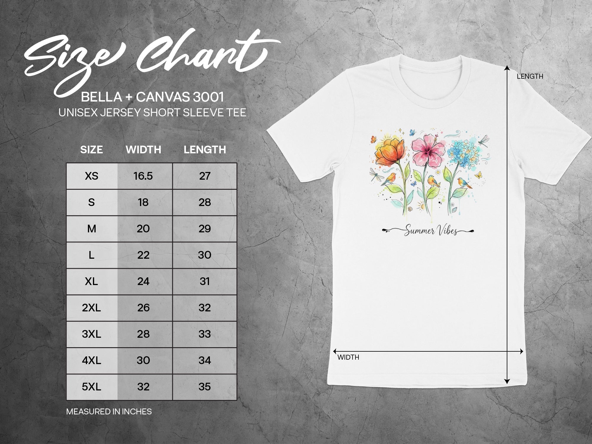 Bella + Canvas 3001 unisex t-shirt size chart with width and length measurements.