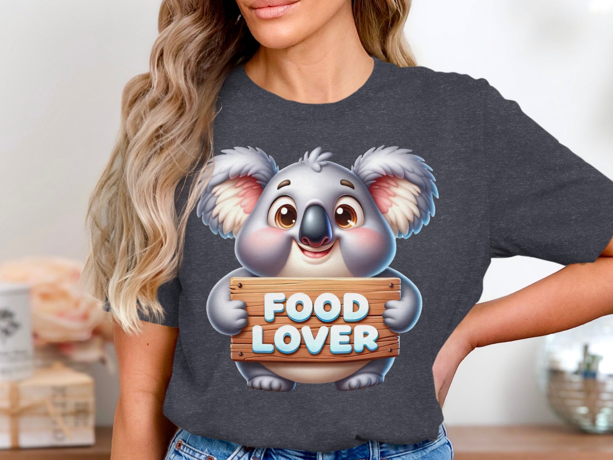 Cartoon koala holding a wooden sign with "FOOD LOVER" text