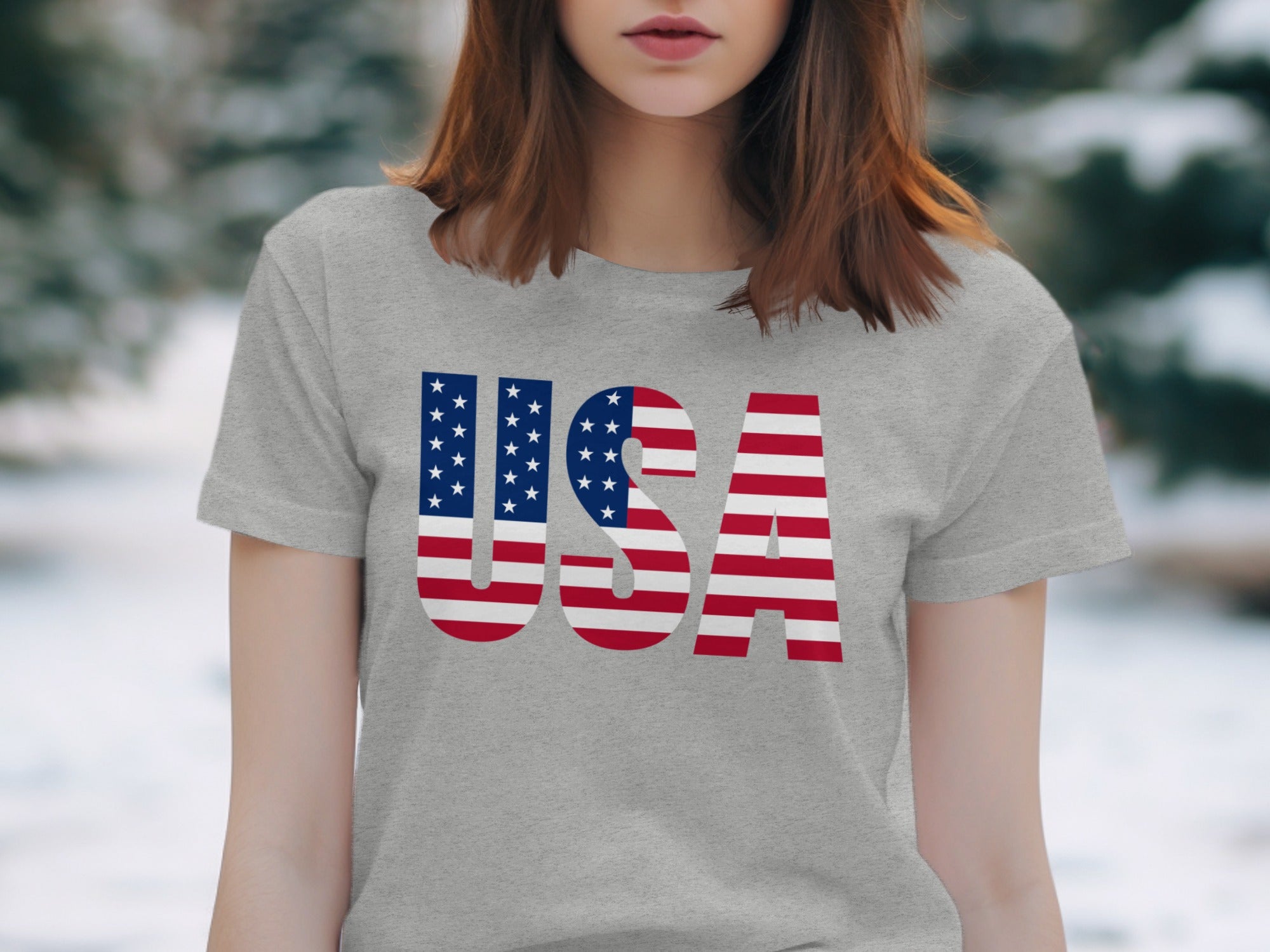 Grey t-shirt with "USA" in American flag design.