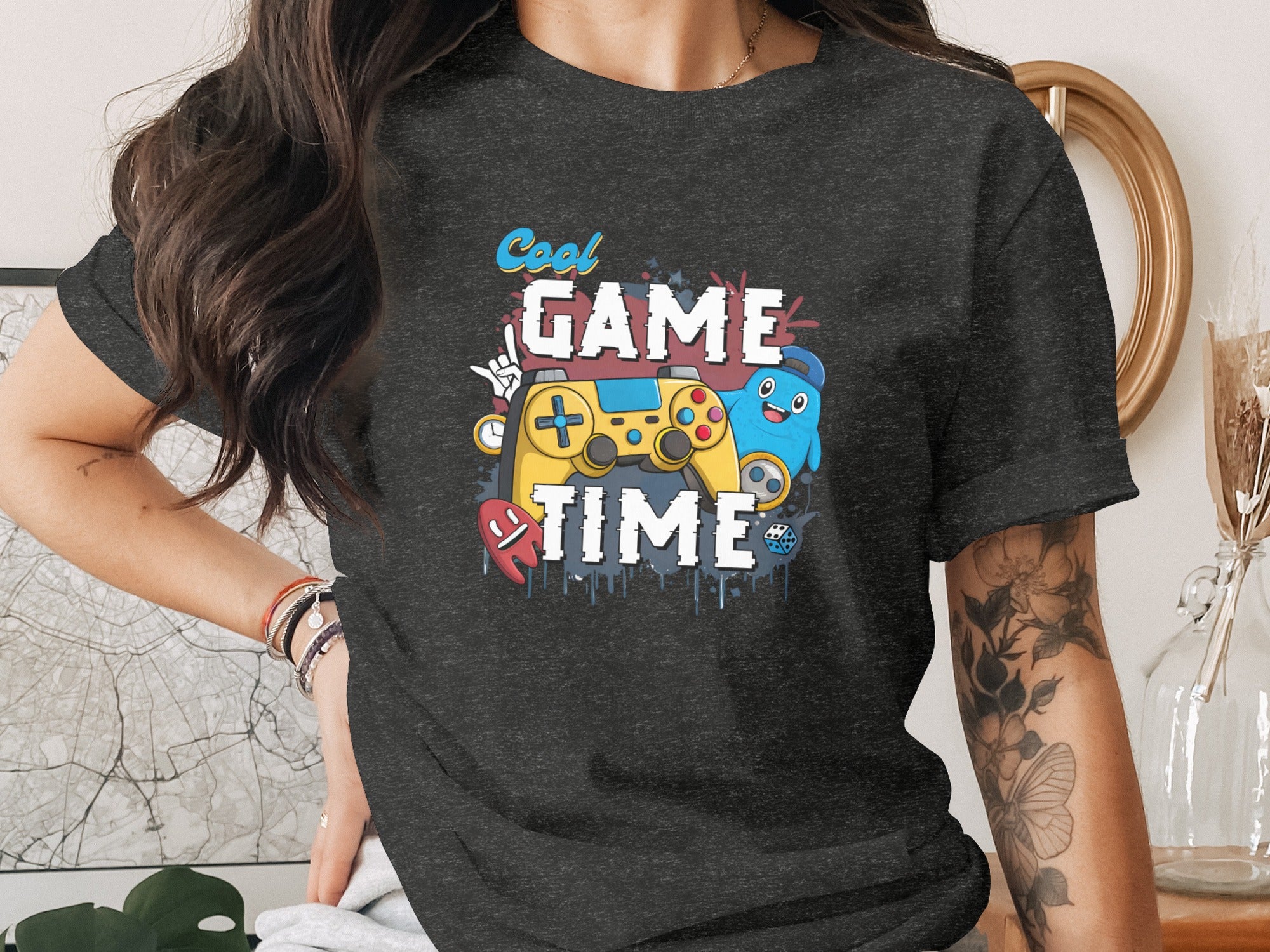 Chark darl t-shirt with "Cool Game Time" graphic and cartoon characters.