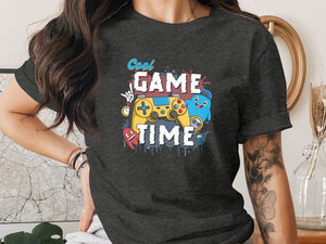 Chark darl t-shirt with "Cool Game Time" graphic and cartoon characters.