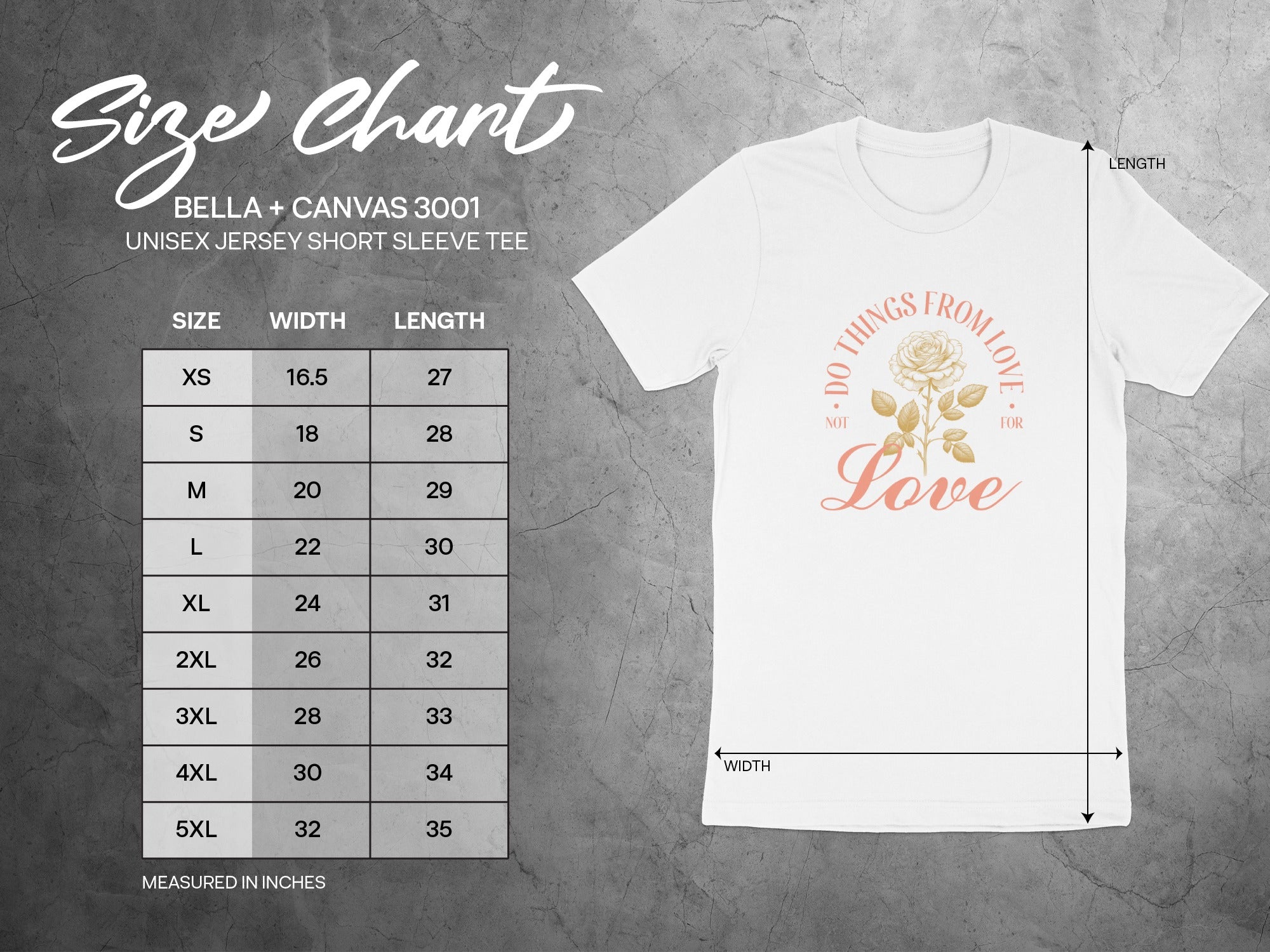 Bella + Canvas 3001 unisex short sleeve tee size chart with width and length measurements in inches.