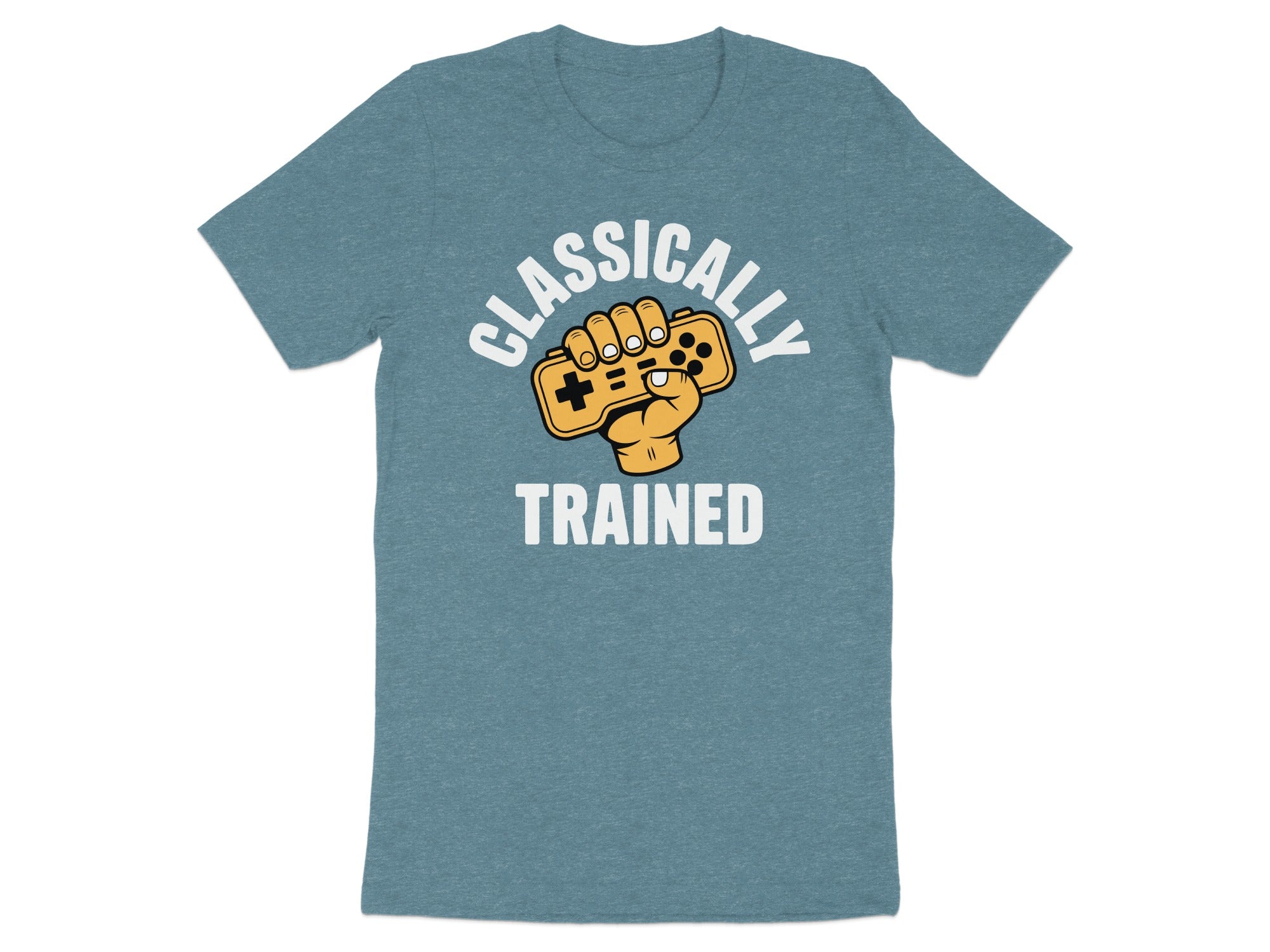 T-shirt with text "CLASSICALLY TRAINED" and a fist holding a game controller.
