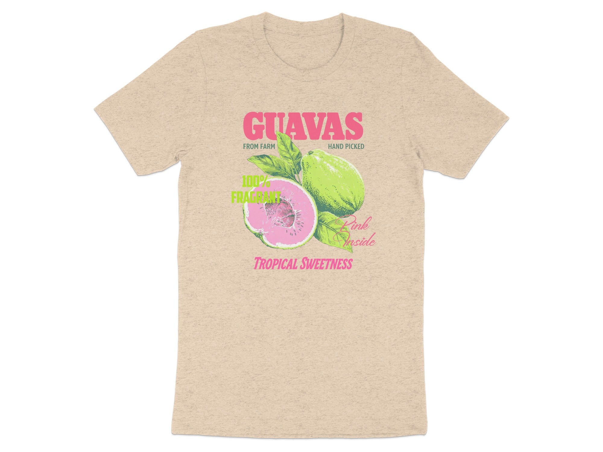 T-shirt with "GUAVAS" text, fruit illustration and "Tropical Sweetness" slogan.