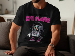 Black t-shirt with "CPU PLAYER" graphic, featuring a retro game console character.