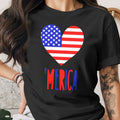 Black t-shirt with American flag heart and "'Merica" text.