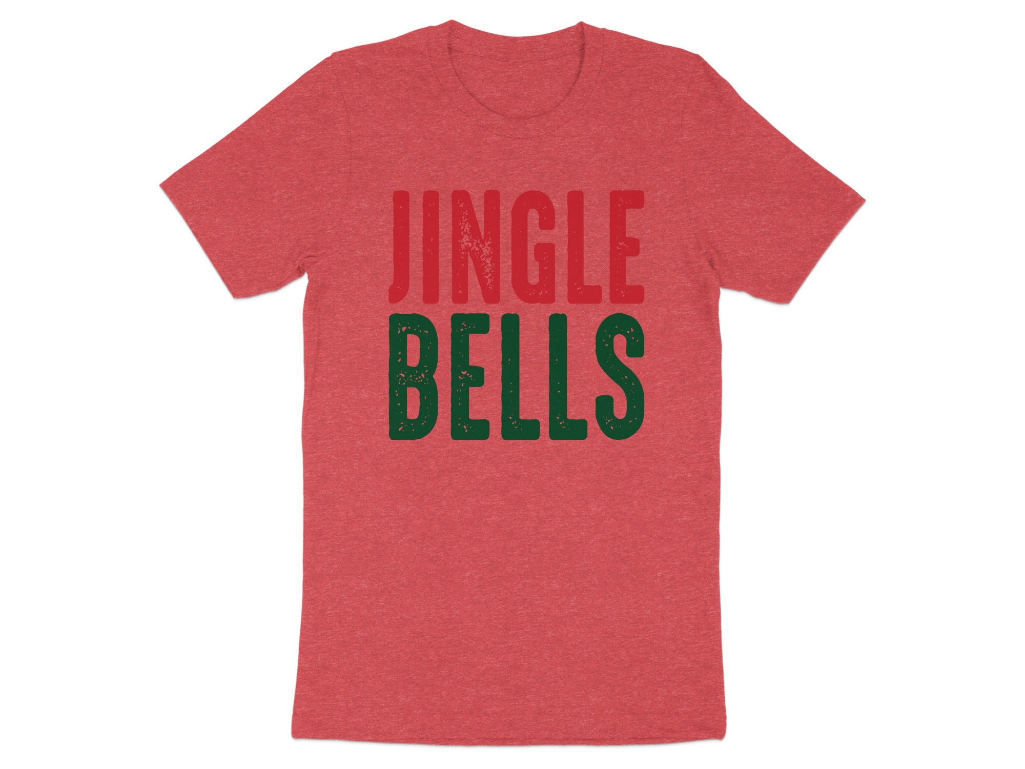Red t-shirt with distressed green "JINGLE BELLS" text.