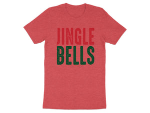 Red t-shirt with distressed green "JINGLE BELLS" text.