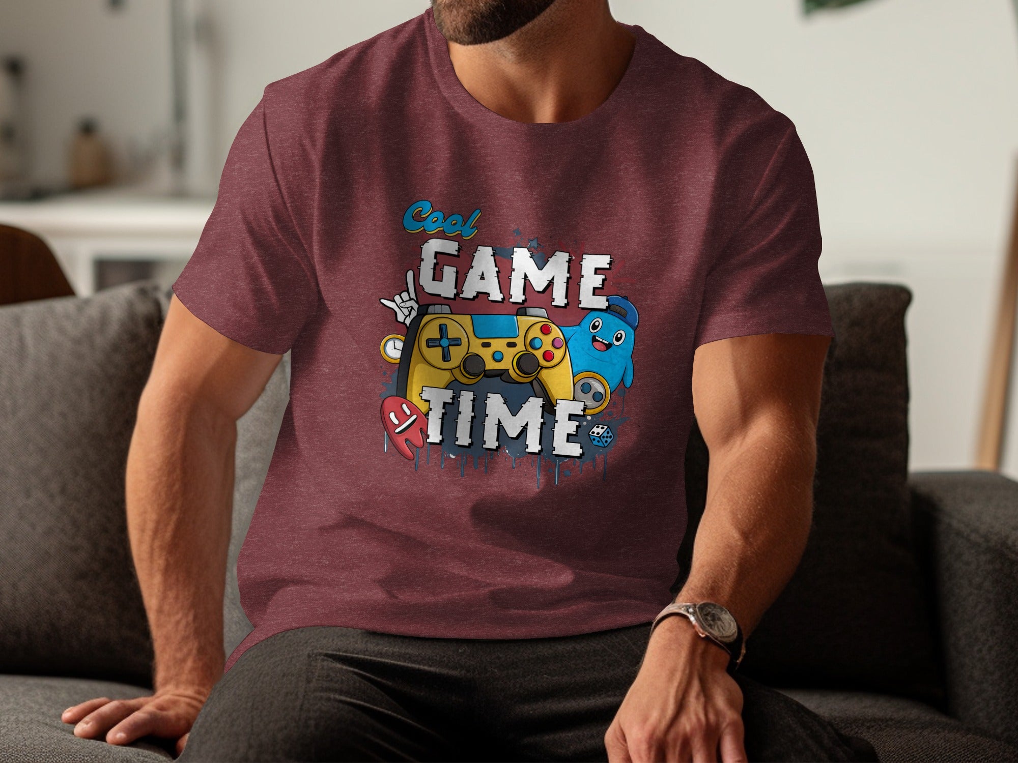 T-shirt with a yellow video game controller and "Cool GAME TIME" text.