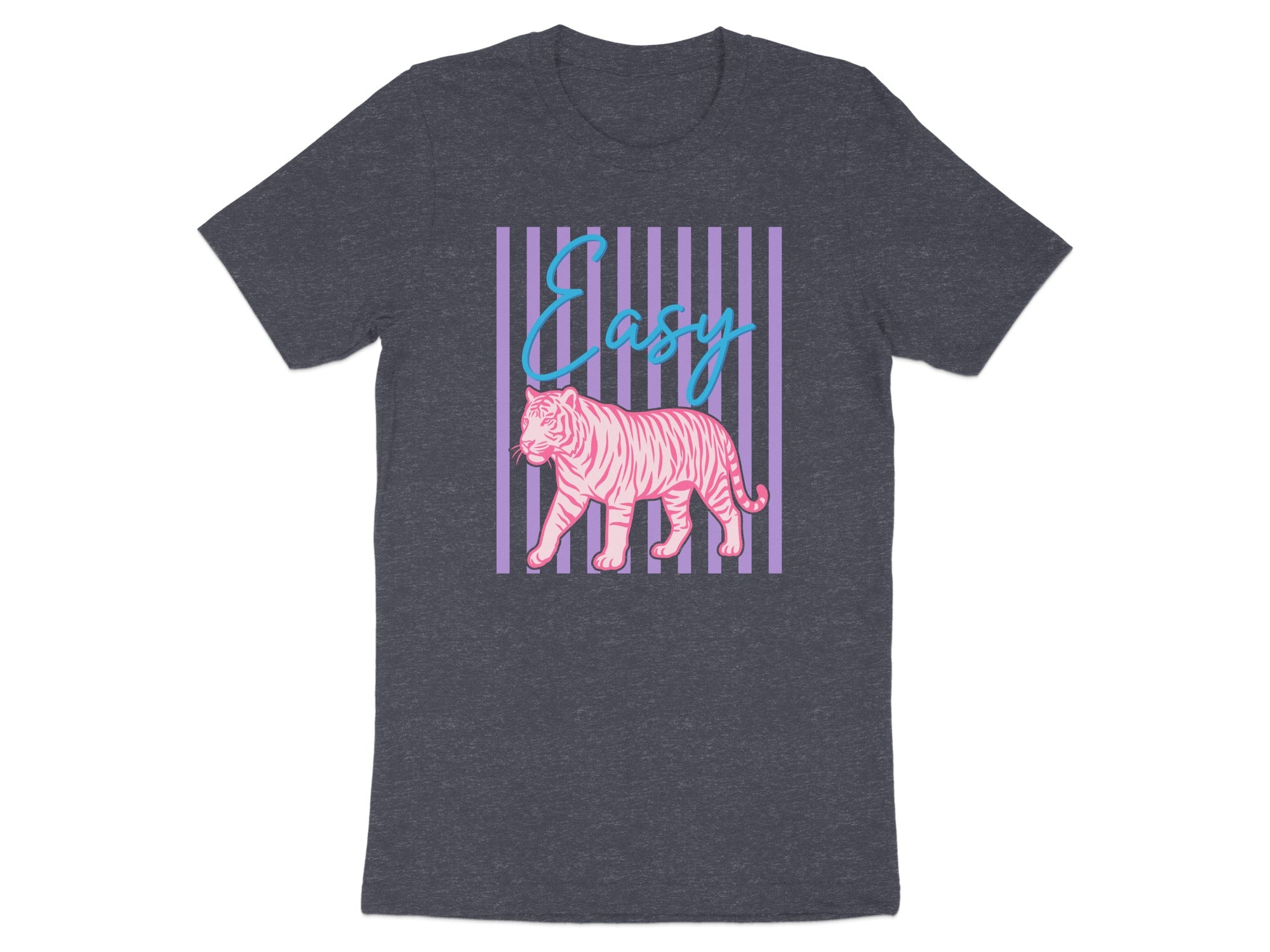 T-shirt with pink tiger and blue "Easy" text on purple stripes.