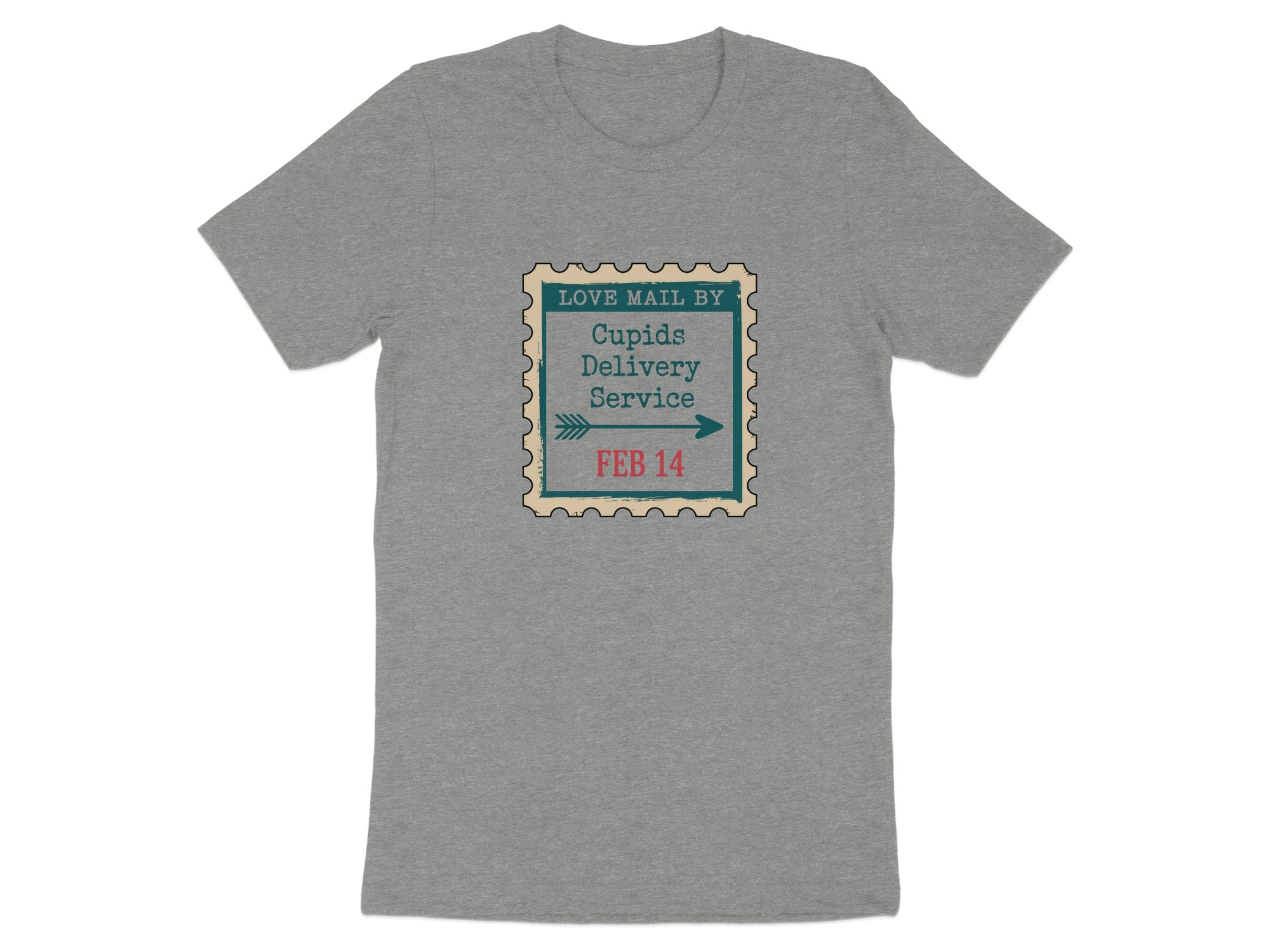 Grey t-shirt with a postage stamp graphic reading "Love Mail By Cupids Delivery Service Feb 14".