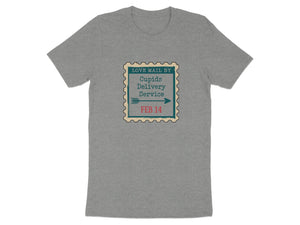 Grey t-shirt with a postage stamp graphic reading "Love Mail By Cupids Delivery Service Feb 14".