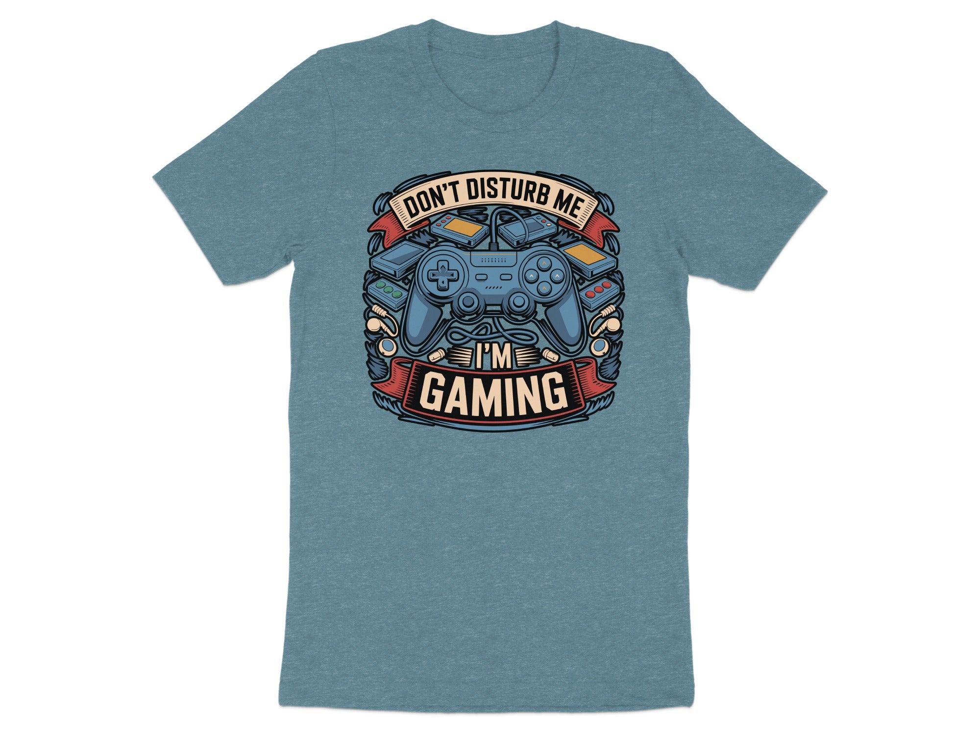 Blue t-shirt with graphic saying "DON'T DISTURB ME I'M GAMING" with gaming controllers.