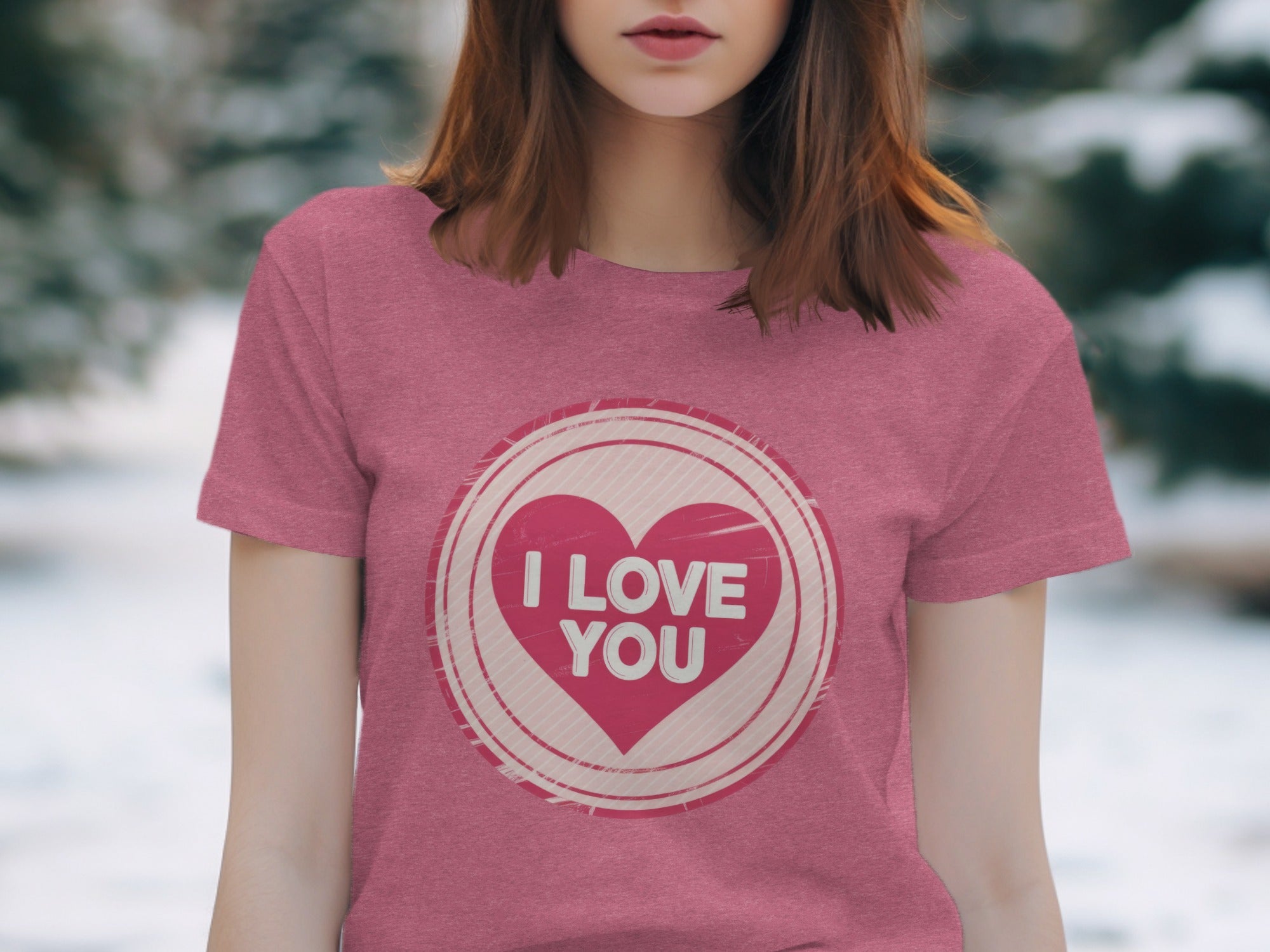 Pink t-shirt with a circular design featuring a pink heart and "I LOVE YOU" text.