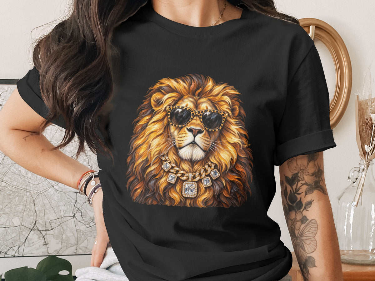 Black t-shirt with a lion wearing sunglasses and a diamond necklace.