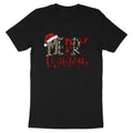 Black t-shirt with "Merry Christmas" text in leopard and plaid patterns.