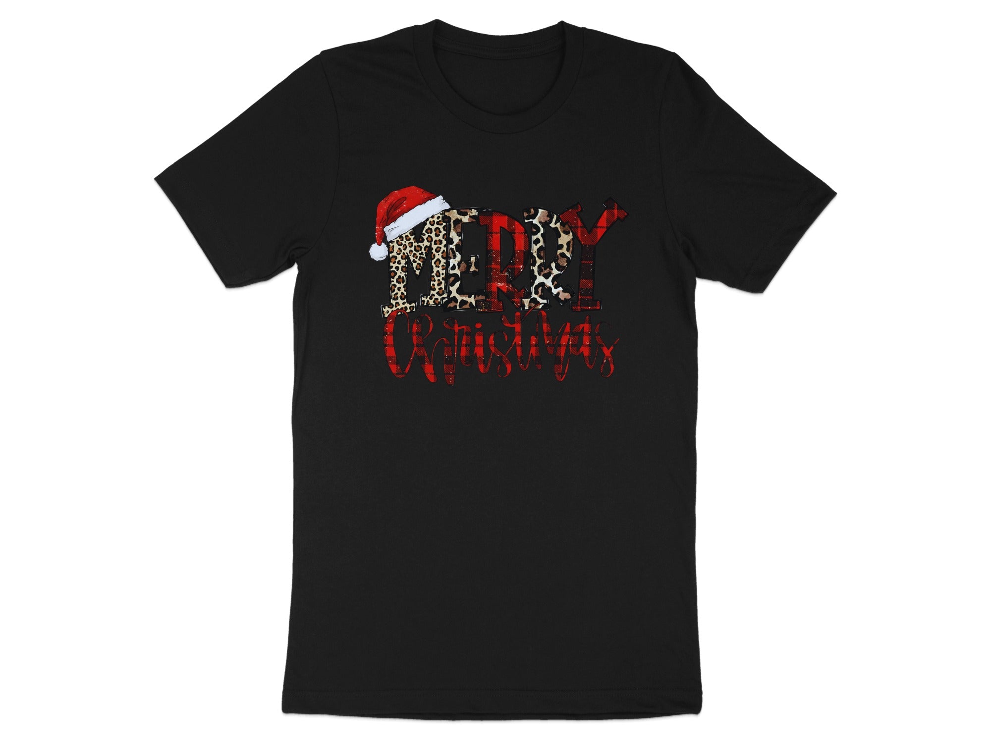 Black t-shirt with "Merry Christmas" text in leopard and plaid patterns.
