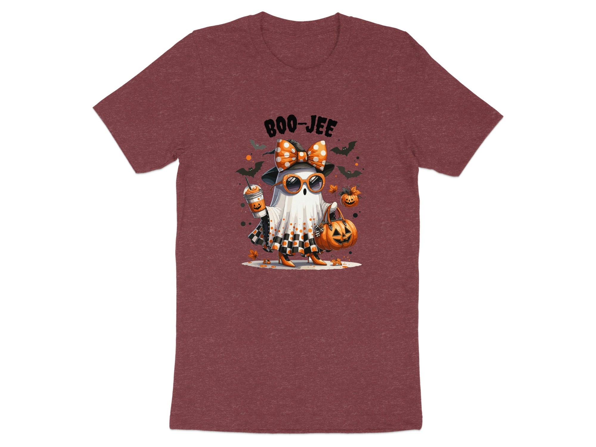Ghost wearing bow, sunglasses, holding pumpkin and drink, with "Boo-Jee" text.