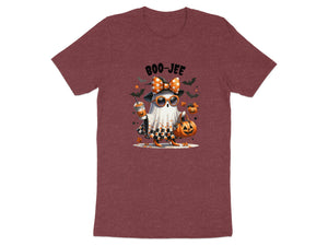 Ghost wearing bow, sunglasses, holding pumpkin and drink, with "Boo-Jee" text.