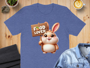 Blue t-shirt with cartoon rabbit holding "Food Lover" sign.