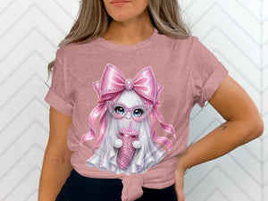 Pink t-shirt with a sparkly ghost wearing pink bow and glasses holding a drink.