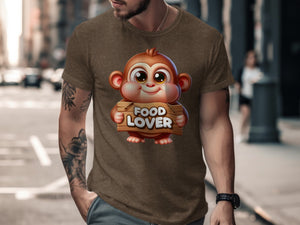 Brown t-shirt with cartoon monkey holding a "FOOD LOVER" sign.
