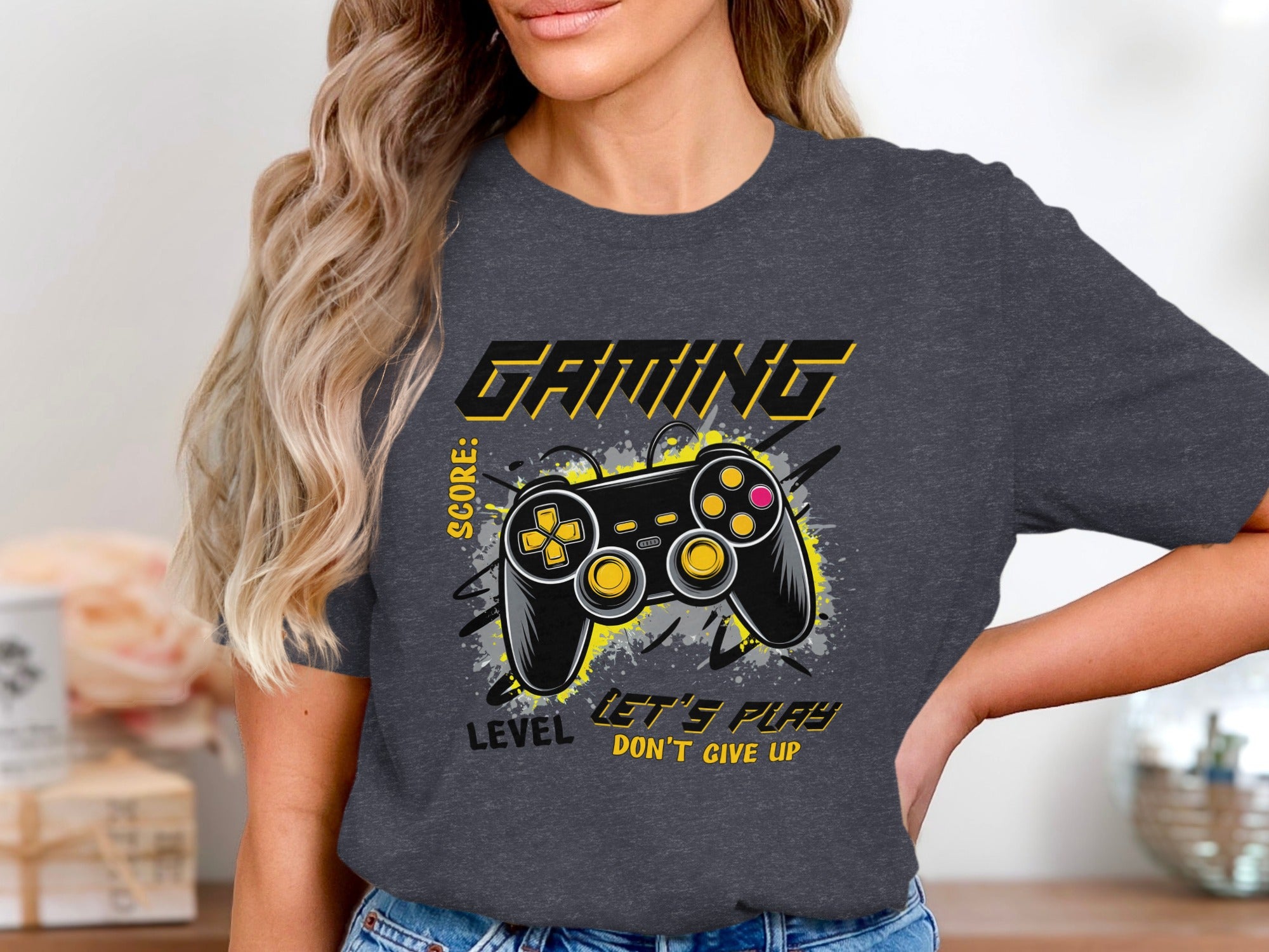 Dark grey t-shirt with "GAMING" graphic and video game controller.