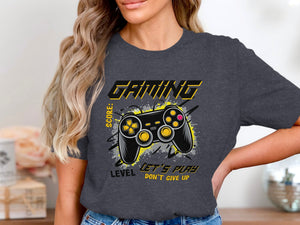 Dark grey t-shirt with "GAMING" graphic and video game controller.