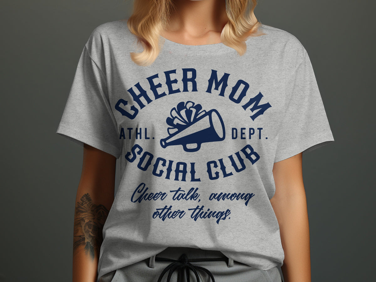 Grey t-shirt with dark blue text and megaphone graphic reading "Cheer Mom Social Club".