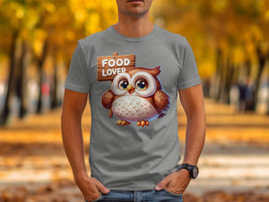 Grey t-shirt with a cartoon owl and "Food Lover" sign.