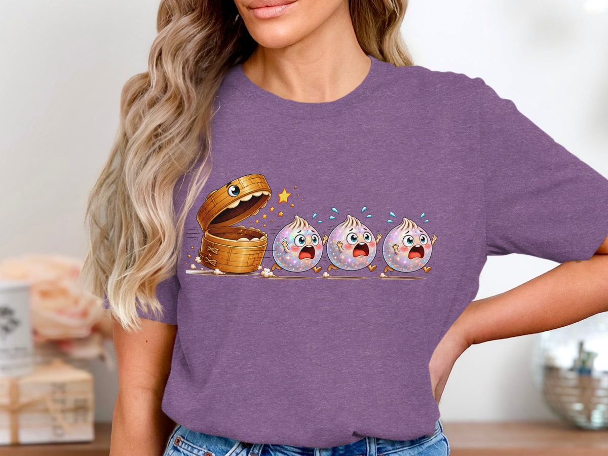 Cartoon steamed buns run from an open bamboo steamer with surprised expressions.