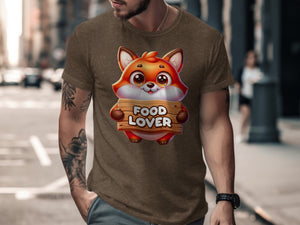 Cute fox graphic with "FOOD LOVER" on wooden sign on brown t-shirt.