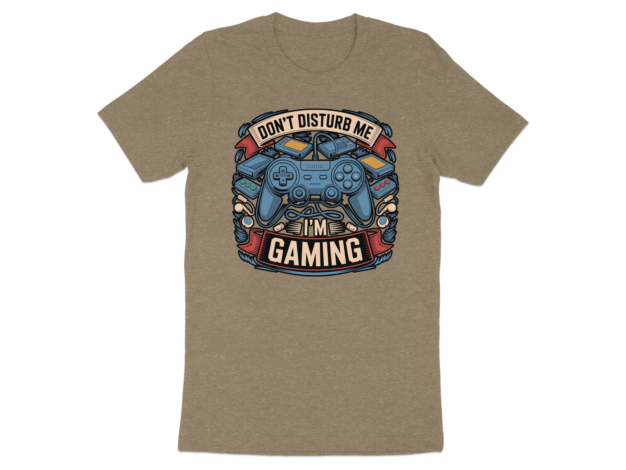 Brown t-shirt with a graphic of game controllers and text "Don't Disturb Me I'm Gaming".
