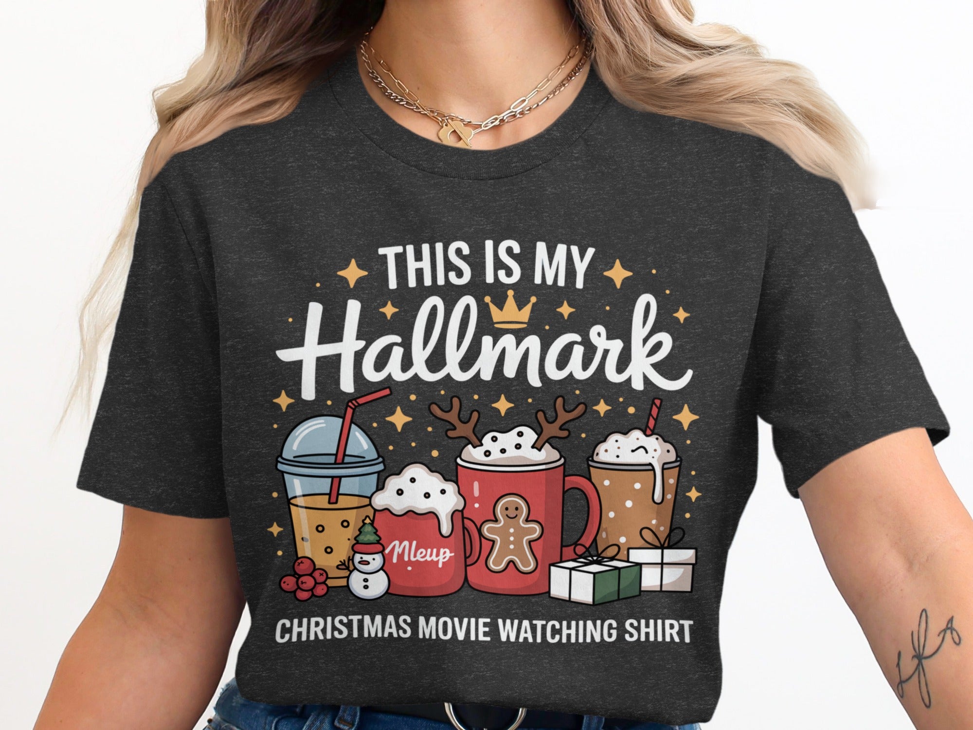 This is my Hallmark Christmas movie watching shirt with drinks and gifts.