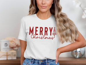 White t-shirt with red "Merry Christmas" text and a Christmas tree graphic.