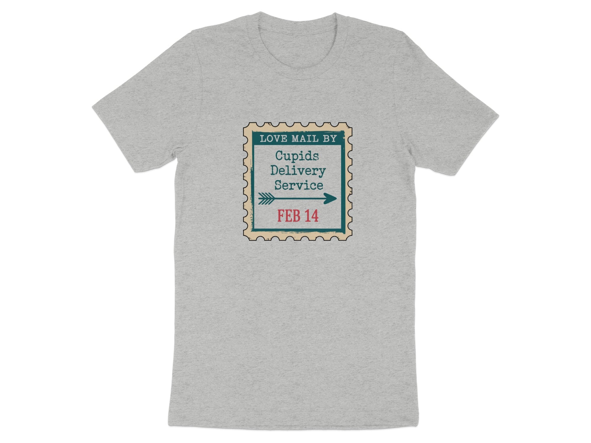 Grey t-shirt with a stamp graphic that reads "Love Mail by Cupids Delivery Service Feb 14".
