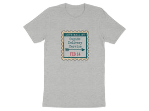 Grey t-shirt with a stamp graphic that reads "Love Mail by Cupids Delivery Service Feb 14".