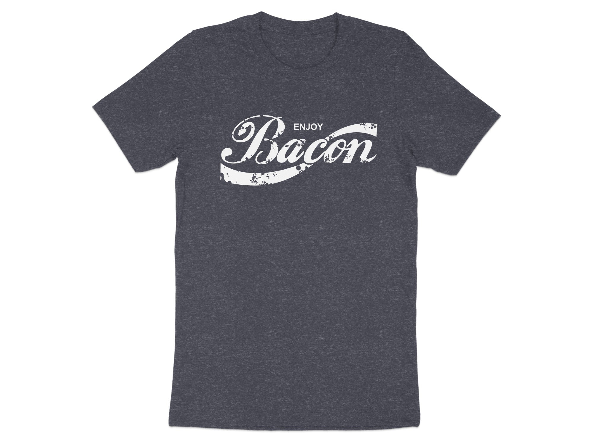 Dark grey t-shirt with distressed white "Enjoy Bacon" graphic.