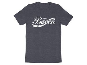 Dark grey t-shirt with distressed white "Enjoy Bacon" graphic.