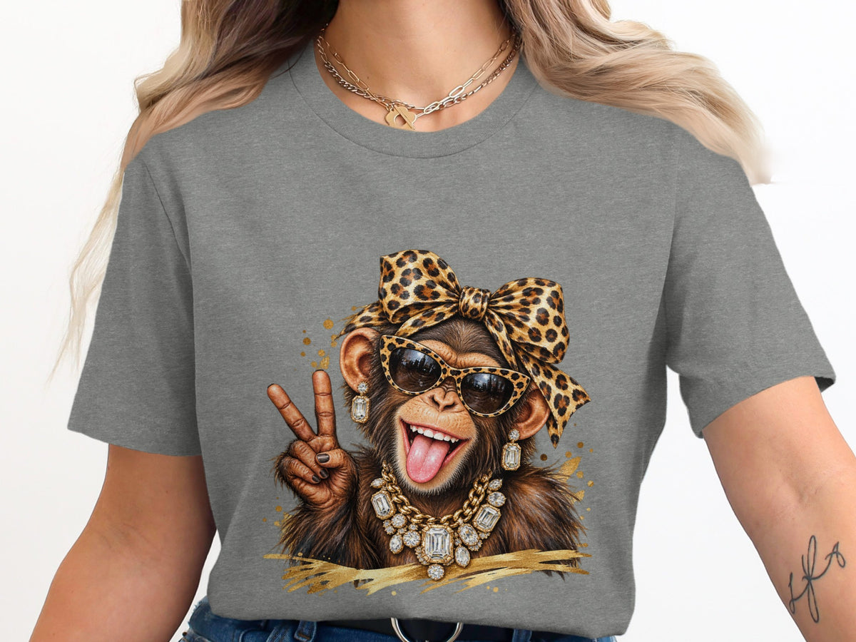 Monkey with leopard print bow, sunglasses, and diamond jewelry making peace sign.